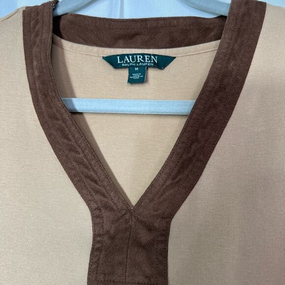 Lauren Ralph Lauren Tan Brown Suede Trim V Neck Long Sleeve top Size Med - Picture 9 of 11